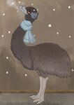 2022 absurd_res ambiguous_gender avian avian_feet beak biped bird black_body brown_body clothing digital_media_(artwork) emu feathers feet feral full-length_portrait fusau grey_beak grey_body hi_res inside mostly_nude orange_eyes portrait ratite scarf side_view simple_background snow snowing solo standing tail toes winter