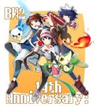  1girl 2boys black_bodysuit black_pantyhose blue_eyes blue_jacket blush bodysuit bodysuit_under_clothes breasts brown_eyes brown_hair closed_mouth commentary_request donut_hair_bun double_bun fingerless_gloves fire gloves hair_bun hat highres holding holding_poke_ball hugh_(pokemon) jacket leaf long_hair looking_at_viewer mikan_ame9 multiple_boys nate_(pokemon) open_mouth oshawott pantyhose pantyhose_under_shorts plant poke_ball poke_ball_(basic) poke_ball_print pokemon pokemon_(creature) pokemon_black_2_and_white_2 raglan_sleeves red_jacket rosa_(pokemon) shirt shoes short_hair shorts small_breasts smile snivy spiked_hair tepig twintails vines visor_cap water white_shorts yellow_shorts 