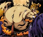 2026 anthro awoogasm belly belly_rub big_belly bottle canid canine claws clothed clothing container drunk fangs fox fur hair hi_res holding_bottle holding_container holding_object kobito low-angle_view male mammal navel navel_piercing obese obese_anthro obese_male one_eye_closed overweight overweight_anthro overweight_male piercing signature smile solo sound_effects substance_intoxication tail teeth text tongue tongue_out whiskers