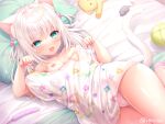  1girl :3 :d animal_ear_fluff animal_ears asmr bare_legs bed_sheet breasts cameltoe cat_ears cat_girl cat_tail cowboy_shot fang hands_up highres itsuki_jun light_blush looking_at_viewer lying nipples on_back on_bed open_mouth original pajamas panties paw_pose pillow skin_fang small_breasts smile solo stuffed_animal stuffed_toy tail thighs twitter_username underwear white_hair white_pajamas white_panties 