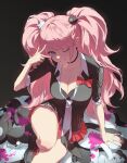  1girl 6+others absurdres bear_hair_ornament big_hair black_background black_bra black_choker black_shirt blonde_hair blood blood_splatter blood_stain blue_eyes boots bow bra breasts choker cleavage collarbone collared_shirt colored_blood commentary danganronpa:_trigger_happy_havoc danganronpa_(series) enoshima_junko fingernails hair_ornament heart heart_print highres hope's_peak_academy_school_uniform knees lace lace-up_boots lace_choker large_breasts long_fingernails long_hair looking_at_viewer monokuma multiple_others nail_polish navel necktie one_eye_closed outie_navel pink_blood plaid_clothes plaid_skirt red_bow red_nails red_skirt school_uniform shaded_face shirt shirt_bow sitting skirt sleeves_rolled_up smile teeth thighs tsubame_airs twintails two-tone_necktie underwear v v_over_eye white_necktie 
