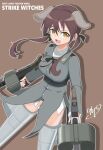  1girl animal_ears black_bow bow breasts brown_eyes brown_hair commentary_request dog_ears dog_girl dog_tail gertrud_barkhorn green_jacket gun highres jacket long_hair looking_at_viewer machine_gun medium_breasts mg42 no_pants open_mouth r_dehido9630 shirt simple_background solo strike_witches striker_unit tail weapon white_shirt world_witches_series 