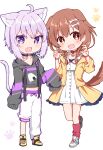  2girls :d aged_down animal_collar animal_ears blush bone_hair_ornament braid brown_eyes brown_hair cat_ears cat_girl cat_tail chibi claw_pose collar dog_ears dog_girl dog_tail dress fang french_braid hair_ornament highres hololive inugami_korone looking_at_viewer multiple_girls nekomata_okayu pants purple_eyes purple_hair rabiiandrain simple_background skin_fang sleeves_past_fingers sleeves_past_wrists smile sweatpants tail virtual_youtuber white_background white_dress 