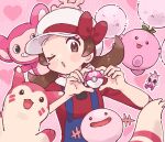  1girl :o ;o aipom alternate_color blue_overalls bow brown_eyes brown_hair celebi commentary four-finger_heart_hands furret hat hat_bow heart heart_hands highres holding holding_poke_ball jumpluff love_ball lyra_(pokemon) one_eye_closed open_mouth overalls poke_ball pokemon pokemon_(creature) pokemon_heartgold_and_soulsilver pumpkinpan red_bow red_shirt shiny_pokemon shirt solo three-quarter_sleeves twintails untranslatable_commentary upper_body white_hat wooper 