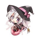  1girl :d absurdres ayachi_nene ayachi_nene_(witch) belt belt_bra black_cape black_hat black_skirt blush bow cape chibi chibi_only commentary detached_sleeves full_body grey_hair hair_between_eyes hair_bow hair_ribbon hat highres long_hair looking_at_viewer mahoutsukai_ame miniskirt open_mouth pink_belt pleated_skirt purple_eyes remote_control_vibrator ribbon sample_watermark sanoba_witch sex_toy sidelocks simple_background sitting skirt smile solo twitter_username very_long_hair vibrator watermark white_background witch_hat yellow_bow yellow_ribbon 