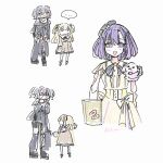  ... 3girls bang_dream! bang_dream!_our_notes bang_dream!_yumemita black_dress blonde_hair brown_dress commentary_request dress fuji_miyako grey_hair hand_puppet height_difference highres multiple_girls nervous_sweating open_mouth puppet purple_eyes purple_hair shinomiya_shizuku short_hair simple_background single_thighhigh spoken_ellipsis sweat thighhighs tomare_(akashingou) white_background yakura_yomogi 