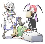  3girls apron ascot black_boots black_cape black_shoes black_skirt black_vest blue_skirt blue_vest boots broom cape closed_mouth collared_shirt commentary_request demon_wings frilled_apron frilled_skirt frills green_ascot green_skirt green_vest grey_hair head_wings highres holding holding_broom hong_meiling izayoi_sakuya koakuma long_hair long_skirt maid_headdress multiple_girls necktie peroponesosu. puffy_short_sleeves puffy_sleeves red_hair red_necktie shirt shoes short_sleeves skirt skull sleeping solid_circle_pupils sweatdrop touhou trash_can vest waist_apron white_apron white_headdress white_shirt wings zzz 