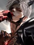  1boy aegyo_sal armor body_markings commentary dragon_horns english_commentary gauntlets grey_background grey_hair highres horns lips looking_at_viewer love_and_deepspace male_focus nose official_alternate_costume one_eye_in_shadow oo_foryou parted_bangs portrait red_armor red_eyes short_hair solo sylus_(abyssal_sovereign)_(love_and_deepspace) sylus_(love_and_deepspace) 