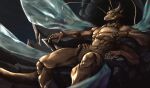 absurd_res anthro arthropod carapace chair compound_eyes earthward_bound exoskeleton furniture gold_body head_crest head_spikes hi_res insect insect_wings kalrin kellvass male mandibles myneonone on_chair pecs rodinian sitting sitting_back sitting_on_chair sitting_on_throne solo spikes spikes_(anatomy) spread_legs spreading stone_throne tail throne wings yellow_eyes