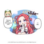  2girls animal_ears blonde_hair blue_archive bow braid chibi commentary diamond_mouth donmin_h english_commentary english_text fake_animal_ears forehead green_eyes hair_bow halo holding holding_microphone jacket long_hair long_sleeves microphone midori_(blue_archive) multiple_girls no_nose official_art open_mouth purple_eyes red_hair single_braid sitting speech_bubble v-shaped_eyebrows very_long_hair white_bow white_jacket yuzu_(blue_archive) 