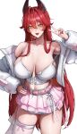  1girl :d absurdres alternate_costume bare_shoulders belt blush bodam breasts cleavage collarbone cosplay goddess_of_victory:_nikke hair_between_eyes hand_on_own_hip hand_up highres horns jacket large_breasts long_hair long_sleeves looking_at_viewer nail_polish navel off_shoulder open_clothes open_jacket open_mouth pink_belt pink_skirt rapi_(nikke) rapi_(red_hood)_(nikke) rapi_(red_hood)_(nikke)_(cosplay) rapi_(red_hood)_(shining_light)_(nikke) red_hair red_hood_(nikke) red_nails simple_background single_thighhigh skindentation skirt smile solo thighhighs thighs unzipped v white_background white_jacket white_thighhighs yellow_eyes 