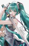  1girl aqua_eyes aqua_hair aqua_nails aqua_necktie aqua_trim bare_shoulders black_skirt commentary_request fingernails glint hair_intakes hair_ornament hatsune_miku highres holding holding_sword holding_weapon long_hair looking_at_viewer memory_mie mouth_hold nail_polish necktie pink_ribbon pleated_skirt ribbon ribbon_in_mouth shirt shoulder_tattoo simple_background skirt sleeveless sleeveless_shirt solo sword tattoo tie_clip twintails upper_body very_long_hair vocaloid weapon white_background 