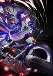  1girl acheron_(honkai:_star_rail) bandages bare_shoulders black_background black_hole boots chromatic_aberration coattails commentary detached_sleeves english_commentary flower hand_on_hilt high_heel_boots high_heels highres honkai:_star_rail honkai_(series) katana long_hair looking_back machi_mile00 midriff_peek multicolored_hair oil-paper_umbrella purple_eyes purple_hair red_flower ribs scabbard sheath shorts single_detached_sleeve solo streaked_hair sword tailcoat umbrella very_long_hair water weapon 