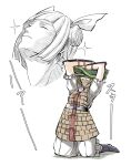  1girl apron armor armored_dress belt black_belt black_boots blonde_hair bloomers blunt_bangs boots bow brown_dress commentary_request dress female_pervert frilled_apron frills green_apron hair_bow haniwa_(statue) highres holding_apron joutouguu_mayumi kneeling peroponesosu. pervert shirt short_hair smelling sparkle touhou translation_request white_bloomers white_shirt 