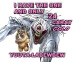  1girl 24_karat_gold_labubu_(meme) blush colored_teeth commentary cursed_spirit_(jujutsu_kaisen) cyclops english_commentary english_text gold highres jujutsu_kaisen labubu labubu_charm long_hair meme mymaryluu okkotsu_yuta one-eyed orimoto_rika red_eyes sharp_teeth solo teeth white_background white_hair yellow_teeth 