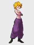  1girl aqua_eyes bare_shoulders blonde_hair breasts caulifla closed_mouth crossed_arms dragon_ball dragon_ball_super full_body grey_background kemachiku midriff navel pants pink_tube_top purple_pants simple_background solo spiked_hair standing strapless super_saiyan super_saiyan_2 tube_top 