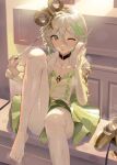  1girl alternate_costume backlighting ballet_slippers black_choker breasts cecilia_immergreen center_frills choker commentary doll_joints dress english_commentary foot_out_of_frame frilled_sleeves frills gold_shoes green_dress green_eyes green_streaks grey_hair hair_between_eyes hair_ornament highres holding holding_towel hololive hololive_english jewelry joints knee_up long_sleeves looking_at_viewer multicolored_hair no_shoes one_eye_closed pantyhose parted_lips pendant radical_highway shoes short_hair sitting small_breasts solo steaming_body streaked_hair sweat towel two-tone_hair unworn_shoes very_sweaty virtual_youtuber white_pantyhose winding_key wiping_sweat 