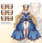  1girl @_@ absurdres artist_name blonde_hair blue_dress blue_eyes blue_flower blue_nails blue_rose blush breasts cleavage closed_mouth commentary covered_navel dress earrings english_commentary eyes_in_shadow fangwan fernis_esme flower hair_between_eyes hair_ornament highres indie_virtual_youtuber jewelry long_hair multiple_expressions nail_polish open_mouth rose saliva showgirl_skirt smile sparkling_eyes toenail_polish toenails tongue virtual_youtuber 