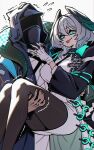  1girl 1other :p absurdres ambiguous_gender aqua_eyes aqua_wings arknights black_coat black_pantyhose breasts carrying coat commentary doctor_(arknights) dress dryegen english_commentary feathered_wings fingerless_gloves gloves grey_hair hair_between_eyes head_wings highres ho'olheyak_(arknights) hood hooded_coat large_breasts medium_hair pantyhose pencil_dress princess_carry slit_pupils snake_girl snake_tail tail tongue tongue_out white_dress white_gloves wings 
