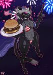 4th_of_july absurd_res american_flag american_flag_bikini anthro assault_rifle bikini burger clothing crotch_tuft domestic_cat dusty_(jizothewanderer) ear_piercing eyebrow_piercing facial_piercing felid feline felis female fireworks flag_bikini flag_swimwear food fur fur_tuft green_eyes grey_body grey_fur grey_hair gun hair hat headgear headwear heart_symbol hi_res holding_object holding_weapon holidays jizothewanderer lip_piercing looking_at_viewer m16 makeup mammal nationalism navel navel_piercing nose_piercing patriotism piercing politics ranged_weapon rifle smile solo swimwear tail thick_thighs tuft two-piece_swimsuit united_states_of_america weapon