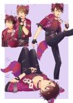  2boys absurdres animal_ear_fluff animal_ear_piercing animal_ears black_gloves black_pants border brown_eyes brown_hair buckle card cat_boy cat_ears cat_tail closed_eyes closed_mouth commentary_request cropped_jacket ensemble_stars! extra_ears fingerless_gloves fingernails gloves gradient_clothes gradient_shirt heart highres interlocked_fingers jewelry layered_clothes looking_at_viewer male_focus morisawa_chiaki multiple_boys nail_polish necklace official_alternate_costume open_mouth outside_border pants playing_card purple_nails shirt smile spade_(shape) split_mouth tail takamine_midori teeth torn_clothes torn_pants torn_shirt upper_teeth_only white_border wildland_(ensemble_stars!) yuki_suzume 