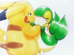 025aki 3_fingers 4:3 ambiguous_gender anthro attempted_kiss blush bodily_fluids brown_eyes brown_stripes duo ear_markings eyelashes eyes_closed feral fingers fur fur_markings generation_1_pokemon generation_5_pokemon glistening glistening_body green_body hi_res holding_arms leaf leaf_body looking_at_another markings multicolored_body neck_collar nintendo open_mouth pikachu pokemon pokemon_(species) red_cheeks short_legs simple_background snivy stripes surprised sweat sweatdrop tail tan_body white_background yellow_body yellow_eyelids
