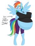 2021 3:4 absurd_res alpha_channel anthro belly big_belly big_breasts black_clothing black_eyebrows black_shirt black_topwear blonde_hair blue_body blue_ears blue_hair blue_tail blue_wings bottomwear breasts cel_shading clothing color_edit colored dialogue digital_media_(artwork) english_text equid equine eyebrows eyelashes female friendship_is_magic funble green_hair green_tail hair hand_on_breast hand_on_own_breast hasbro hi_res horse huge_belly huge_breasts mammal multicolored_hair multicolored_tail my_little_pony navel nipple_outline open_mouth orange_hair orange_tail outie_navel pants pink_eyes pink_mouth pink_tongue pony pregnant pregnant_anthro pregnant_female purple_bottomwear purple_clothing purple_pants purple_tail rainbow_dash_(mlp) rainbow_hair rainbow_tail red_hair red_tail shaded shirt simple_background solo speech_bubble tail text thenypod4 third-party_edit three-quarter_view tongue topwear transparent_background wings yellow_tail