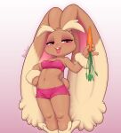  2022 4_fingers anthro artist_name buckteeth carrot clothed clothing female fingers food generation_4_pokemon gradient_background hi_res holding_food holding_object kionbee long_ears looking_at_viewer lopunny midriff navel nintendo open_mouth open_smile pink_clothing plant pokemon pokemon_(species) simple_background smile solo teeth vegetable video_games 
