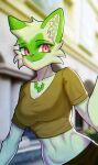  1girl animal_nose black_skirt blurry blurry_background breasts cat_girl closed_mouth cropped_shirt furry furry_female navel pink_eyes pokemon pokemon_(creature) short_sleeves skirt solo sprigatito tp10 upper_body 