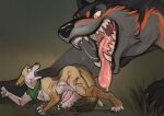 anthro bared_teeth blood bodily_fluids canid canine canis coyote cum duo feral genital_fluids genitals gore hi_res imminent_vore kerchief male mammal neckerchief neckwear penis saliva scared teeth torakuta vore wolf