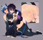  2boys anal anus asher_(gehe) ass bare_shoulders belt black_hair blue_eyes blue_hair blush commission doggystyle drooling earrings elbow_gloves fingerless_gloves gloves grey_hair highres hug hug_from_behind indie_virtual_youtuber jewelry male_focus matemi motion_blur multicolored_hair multiple_boys multiple_views original pants penis precum red_eyes ring saliva sex sex_from_behind shoto_(vtuber) shoulder_tattoo slap_mark sleeveless smile tattoo testicles virtual_youtuber yaoi 