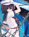  1girl anchor bangs belt black_hair brown_belt chain chained flail green_eyes hair_between_eyes hat highres holding looking_at_viewer looking_back mashiba_lei midriff murasa_minamitsu red_ribbon ribbon sailor_collar sailor_hat shirt short_hair short_sleeves shorts solo swing touhou water water_drop weapon white_headwear white_shirt white_shorts 