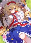  4girls alice_margatroid apple blonde_hair blue_dress blue_eyes capelet closed_mouth commentary dress flower flower_request food frilled_dress frilled_hairband frills fruit hair_between_eyes hair_ribbon hairband highres holding holding_flower holding_food holding_fruit looking_at_viewer lying medium_hair multiple_girls on_back open_mouth outdoors pink_flower purple_flower red_hairband red_ribbon red_sash ribbon samon_(vxxr8575) sash shanghai_doll smile touhou twitter_username waist_sash white_capelet yellow_flower 