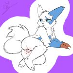 1:1 2026 2_claws absurd_res anthro arm_tuft azure_eyes biped blue_body blue_fur blue_sclera butt claws digital_drawing_(artwork) digital_media_(artwork) featureless_chest feet female flat_chested flat_colors fluffy fluffy_tail fur game_freak generation_3_pokemon genitals hi_res looking_aside looking_at_another looking_at_viewer lying mammal mouth_closed nintendo nude on_side pokemon pokemon_(species) purple_background rukakitsune shiny_pokemon shoulder_tuft signature simple_background solo tail toes tuft vulva white_body white_fur zangoose