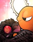  bird black_eyes black_feathers blush chainsaw chainsaw_man commentary demon english_commentary feathers flirting kermittend looking_at_another no_humans open_mouth pet pink_background pochita_(chainsaw_man) red_eyes ringed_eyes screaming war_devil_(chainsaw_man) 