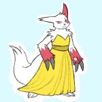 1:1 2026 2_claws absurd_res anthro arm_tuft biped claws clothed clothing digital_media_(artwork) dress feet female flat_chested flat_colors fluffy fluffy_tail fur game_freak generation_3_pokemon hi_res long_dress looking_at_viewer mammal mouth_closed nintendo pokemon pokemon_(species) red_body red_eyes red_fur rukakitsune shoulder_tuft simple_background solo standing tail tuft white_body white_fur yellow_clothing yellow_dress zangoose