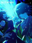  1boy 1girl 1other antenna_hair armlet belt black_belt black_jacket blue_hair blue_light blue_skin bracelet breasts buckle coat colored_skin commentary_request copyright_name dark_fountain_(deltarune) deltarune floppy_ears furry furry_female furry_male green_robe hands_on_own_hips heart heart-shaped_buckle high-waist_pants highres jacket jewelry kris_(dark_world)_(deltarune) kris_(deltarune) large_breasts light_rays long_hair looking_at_viewer momonga_damon one_eye_covered open_clothes open_jacket pants parted_lips purple_hair purple_pants purple_shirt purple_skin ralsei red_scarf robe round_eyewear scarf shaded_face sharp_teeth shirt short_hair snout sparkle sparks spiked_armlet spiked_bracelet spikes susie_(dark_world)_(deltarune) susie_(deltarune) teeth utdr_(toby_fox) 