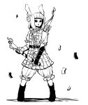  1girl armor armored_dress arrow_(projectile) belt bloomers blunt_bangs boots bow commentary_request dress hair_bow haniwa_(statue) highres holding joutouguu_mayumi legs_apart open_mouth peroponesosu. ribbon short_hair short_sleeves solo standing touhou white_background 
