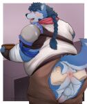 2022 96panda another_eidos_of_dragon_vein_r anthro anus balls belly big_belly black_nose blue_body blush butt canid canine canis clothing domestic_dog duo erection genitals hi_res kemono male mammal overweight overweight_male penis robin_(anothereidos_r) shirt solo_focus topwear 