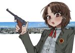  1girl @_@ asuraru12345 badge blue_sky blush brown_eyes brown_hair city cloud day grey_suit gun handgun high_collar highres holding holding_gun holding_weapon iwakura_lain long_sleeves looking_at_viewer looking_down luger_p08 medium_hair open_mouth photo_background serial_experiments_lain shirt sky skyline solo suit upper_body weapon white_background white_shirt 
