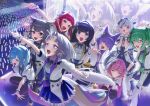  6+girls :3 :d absurdres ahoge akane_lize animal_ears aokumo_rin arahashi_tabi ayatsuno_yuni black_hair blue_eyes blue_hair bow bowtie carbonara_(user_jstu7878) cat_ears cat_girl commentary commentary_request concert dot_nose dress english_commentary fox_girl gloves green_eyes green_hair grey_hair hair_ornament hanako_nana heterochromia highres horns multicolored_hair multiple_girls neneko_mashiro open_mouth pink_hair pointing purple_eyes red_eyes red_hair shirayuki_hina single_horn smile stellive tail teeth tenko_shibuki unicorn_girl upper_teeth_only v virtual_youtuber white_gloves white_hair x_hair_ornament yellow_eyes yuzuha_riko 