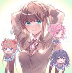  4girls :d aicedrop alternate_hairstyle aqua_eyes arms_up blue_eyes blush bow brown_hair brown_jacket chibi commentary_request doki_doki_literature_club hair_bow hair_ornament hair_ribbon hairclip highres jacket long_sleeves looking_at_viewer monika_(doki_doki_literature_club) multiple_girls natsuki_(doki_doki_literature_club) neck_ribbon open_mouth pink_eyes pink_hair purple_eyes purple_hair red_bow red_ribbon ribbon sayori_(doki_doki_literature_club) school_uniform sidelocks signature smile twintails twitter_username two_side_up tying_hair upper_body white_ribbon wing_collar yuri_(doki_doki_literature_club) 