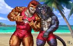  2022 5_fingers abs alexander_(gasaraki2007) anthro athletic athletic_anthro athletic_male beach black_nose blue_body blue_fur blue_hair body_hair chest_hair claws clothed clothing day devil_horns_(gesture) duo fangs felid finger_claws fingers fur gasaraki2007_(copyright) gesture hair hand_behind_head hybrid kt_(nexus) lifeguard liger lion looking_at_viewer machairodontine male mammal mohawk multicolored_body multicolored_fur muscular muscular_anthro muscular_male navel nexus nipples open_mouth open_smile orange_body orange_fur outside palm_tree pantherine pecs plant pose red_hair sabertooth_(anatomy) sand sea seaside shirt signature smile standing striped_body striped_fur stripes swimming_trunks swimwear tank_top teeth tongue topless topless_anthro topless_male topwear tree two_tone_body two_tone_fur water white_body white_fur 