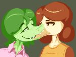  anthro avian beak beak_bite bird bite brown_hair clothing crocodile crocodilian crocodylid digital_media_(artwork) duo evelyn_(mondealy) female female/female green_hair hair half-closed_eyes katrina_(mondealy) looking_annoyed looking_aside mondealy narrowed_eyes pink_clothing pixelated reptile scalie simple_background smug uglycoal yellow_clothing 