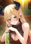  1girl absurdres alcohol bat_ornament black_horns blonde_hair blue_eyes blush booth_seating braid breast_tattoo breasts brown_sweater cleavage cleavage_cutout clothing_cutout commentary cup demon_girl demon_horns dot_nose drinking_glass drinking_straw earrings elbows_on_table food fruit gradient_background gradient_hair hair_ribbon head_on_hand head_rest head_tilt heart heart_necklace highres hololive horn_ornament horn_ring horns ice ice_cube indoors izumi_kei jewelry large_breasts lime_(fruit) lime_slice liquid long_hair looking_at_viewer mint mojito multicolored_hair necklace official_alternate_costume official_alternate_hairstyle open-chest_sweater parted_bangs parted_lips pink_hair pointy_ears raised_eyebrows restaurant ribbed_sweater ribbon seductive_smile sidelocks single_braid sleeveless sleeveless_sweater sleeveless_turtleneck smile solo sweater table tattoo tress_ribbon turtleneck turtleneck_sweater untranslatable_commentary virtual_youtuber winged_heart winged_heart_necklace winged_heart_tattoo wooden_table wristband yuzuki_choco yuzuki_choco_(streetwear) 
