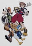 3boys belt bird black_vest blue_belt blue_eyes blue_headwear brown_footwear brown_hair brown_pants buck_teeth cropped_jacket dog donald_duck duck full_body goofy green_sweater grey_background hat highres holding holding_shield holding_staff holding_weapon hood hood_down hooded_jacket jacket jumpsuit keyblade kingdom_hearts long_sleeves looking_at_viewer male_focus multiple_boys no_pants oimo_(oimkimn) open_mouth orange_headwear over_shoulder pants red_jumpsuit shield short_hair short_sleeves smile sora_(kingdom_hearts) spiked_hair staff sweater teeth turtleneck turtleneck_sweater upper_teeth vest weapon weapon_over_shoulder yellow_wine_(food_fantasy) 