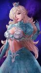  1girl alternate_costume artist_name blonde_hair blue_eyes blue_gloves blue_skirt breasts commentary crown elbow_gloves eyelashes floral_print floral_print_gloves floral_print_shirt floral_print_skirt gloves hair_over_one_eye large_breasts long_hair looking_at_viewer mario_(series) metal_bra navel parted_lips print_shirt print_skirt puffy_short_sleeves puffy_sleeves rosalina shirt short_sleeves skirt solo space star_(sky) stomach torn_clothes torn_shirt vhyrel 