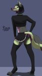  absurd_res anthro black_nose bottomwear canid canine cel_shading clothed clothing clothing_lift clothing_pull fox fur girly green_body green_fur grey_body grey_fur hair hi_res legwear male mammal purple_body purple_eyes purple_fur repgg shaded short_hair simple_background skirt skirt_lift solo standing thigh_highs underwear underwear_pull 