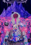  1girl absurdres altar aqua_hair blue_eyes blue_nails blurry blurry_foreground blush colored_inner_hair commentary dress fang flower full_body ghost hair_ornament hairclip halo highres holding holding_orb japanese_clothes long_hair long_sleeves looking_at_viewer monitor mountain multicolored_hair night open_mouth orb original outdoors pointy_ears sitting sitting_on_stairs sky smile solo stairs star_(sky) starry_sky static stone_stairs tentacles terada_tera variant_set white_dress white_hair wide_sleeves 