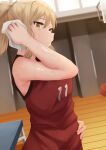  1girl absurdres armpit_crease basketball basketball_uniform bench blonde_hair from_side gueya gym gym_shorts hand_on_hip hand_up highres holding holding_towel jersey long_hair looking_at_viewer love_live! love_live!_nijigasaki_high_school_idol_club miyashita_ai parted_lips ponytail red_shirt red_shorts shirt shorts sleeveless sleeveless_shirt solo sportswear sweat towel wiping_sweat yellow_eyes 